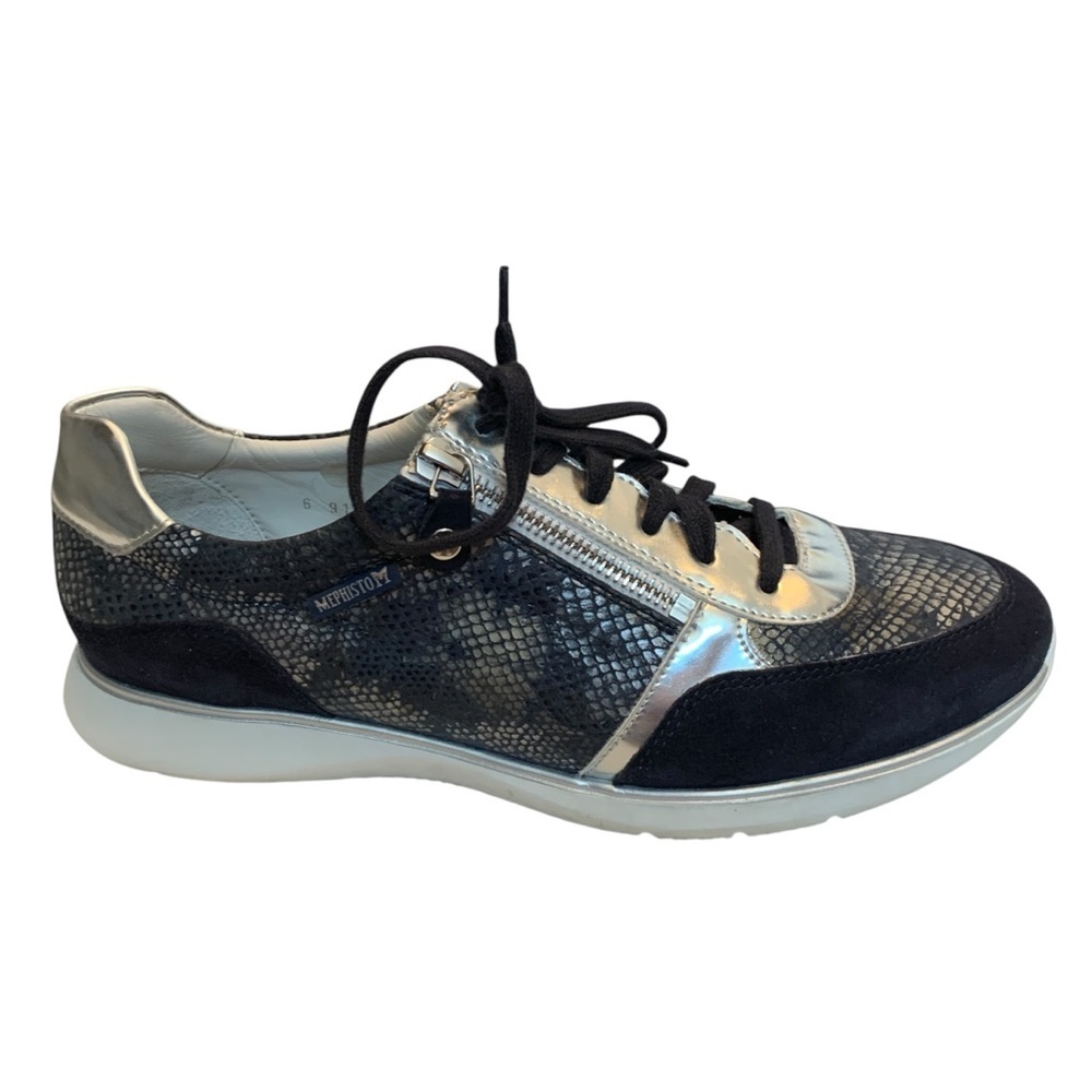 Mephisto Sneakers Womens 9 Blue Silver Leather Slip On Double Zipper Comfort